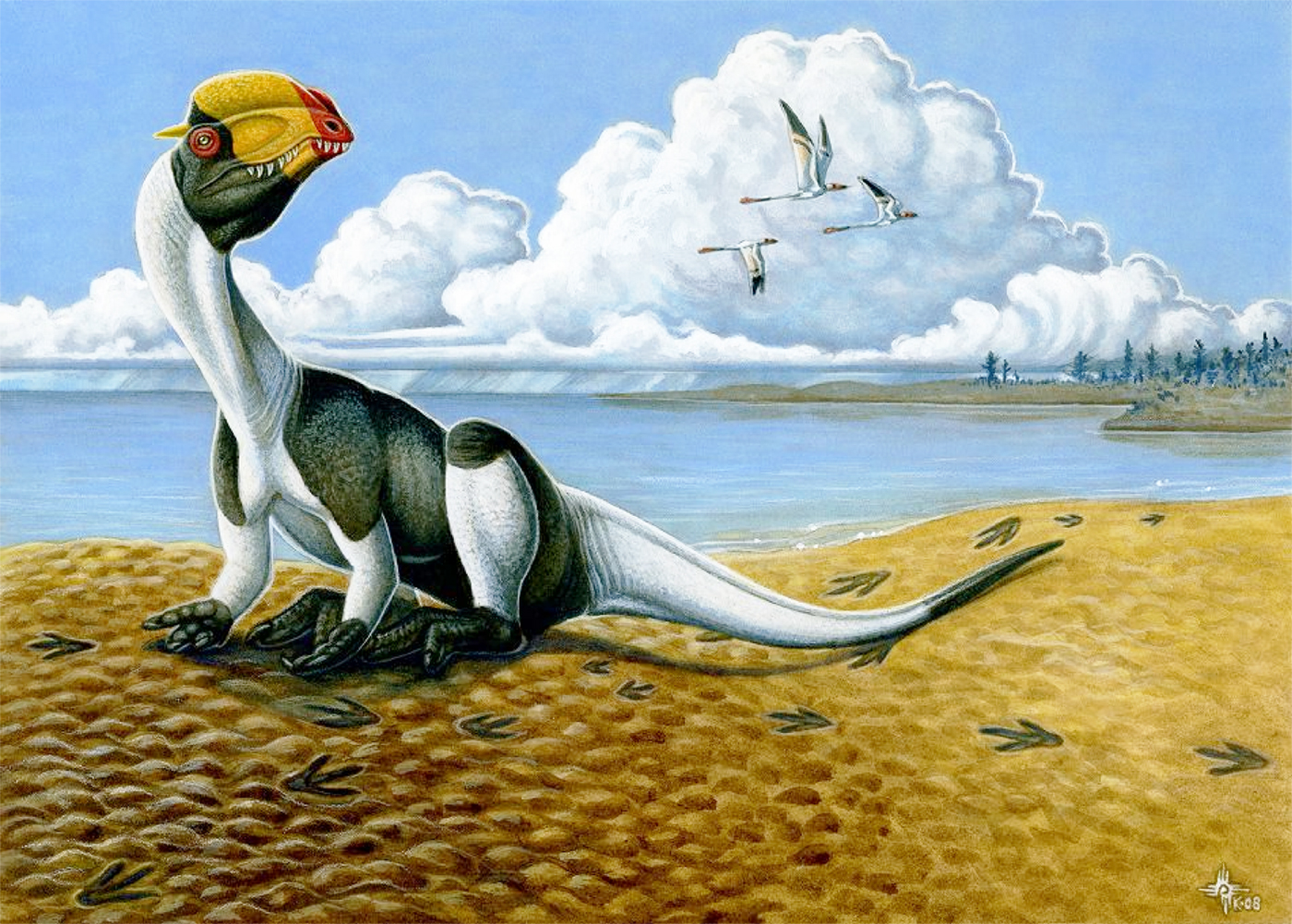 An illustration of a resting Dilophosaurus beside a waterway in a Jurassic landscape.