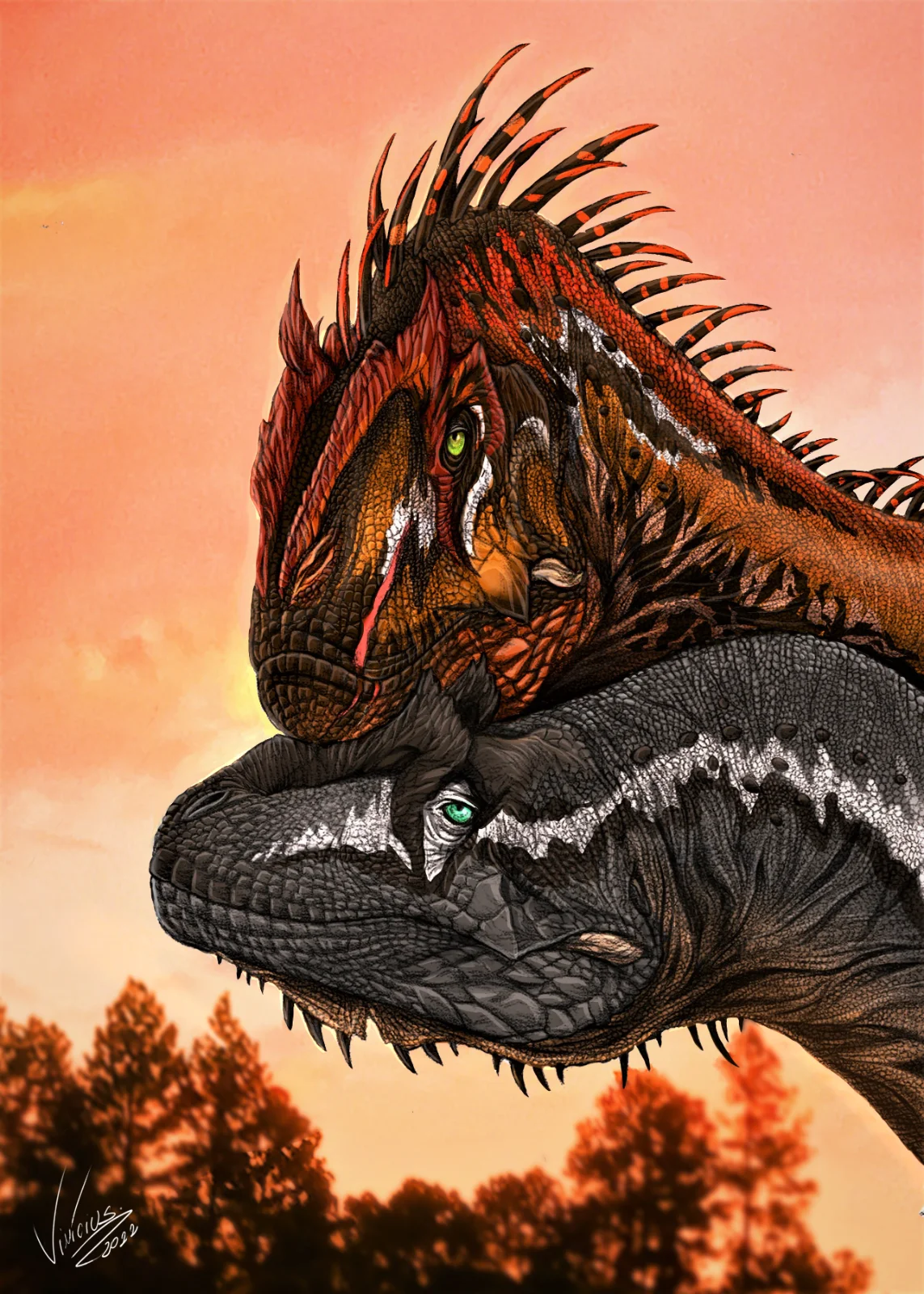 Deux Allosaurus dans une scène de comportement social hypothétique.