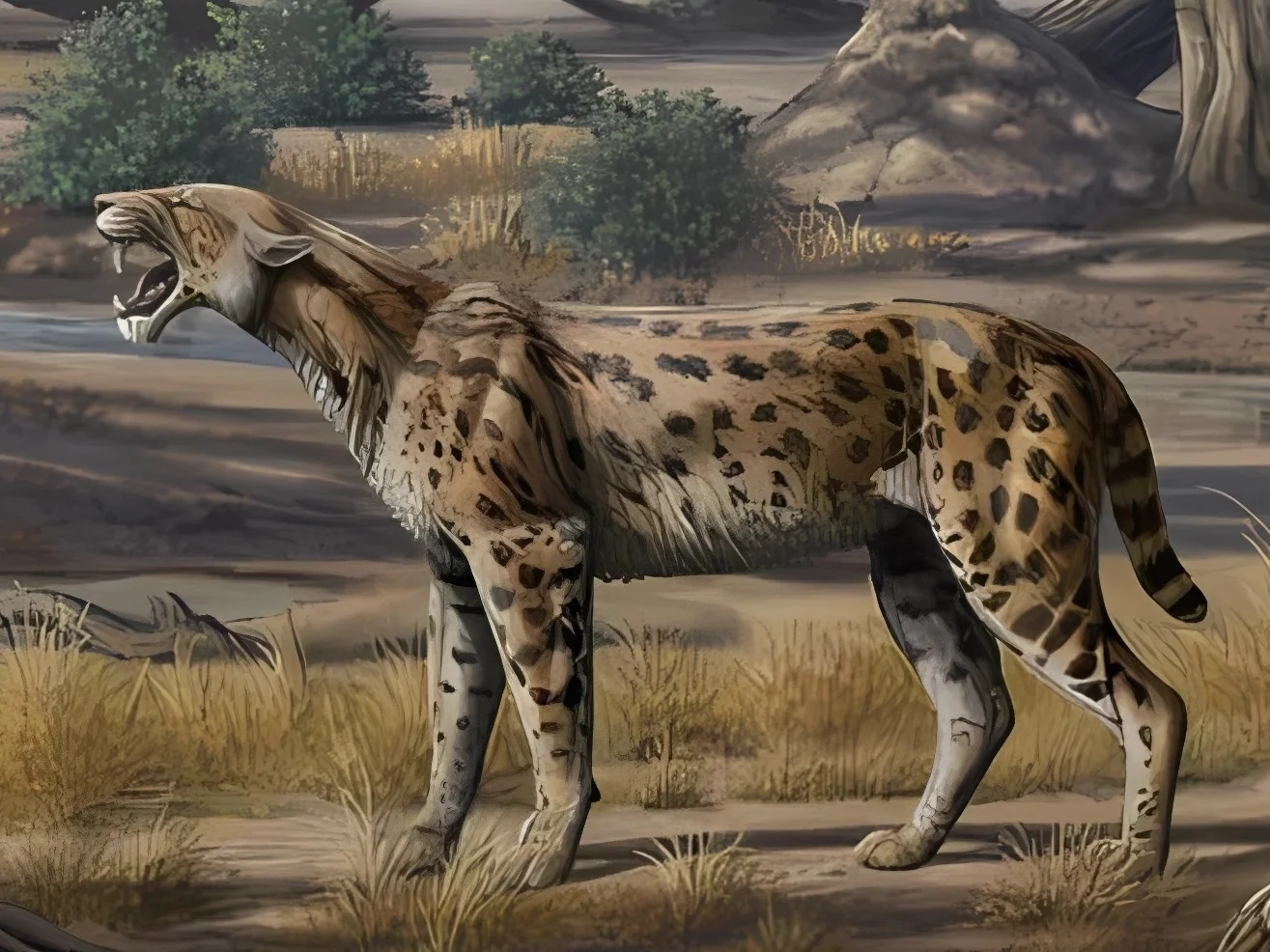 A long-canined cat in a grassy, rocky landscape.