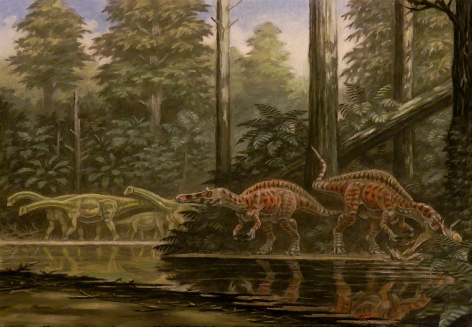 Sauropods in a swampy forest alongside long-snouted dinosaurs.
