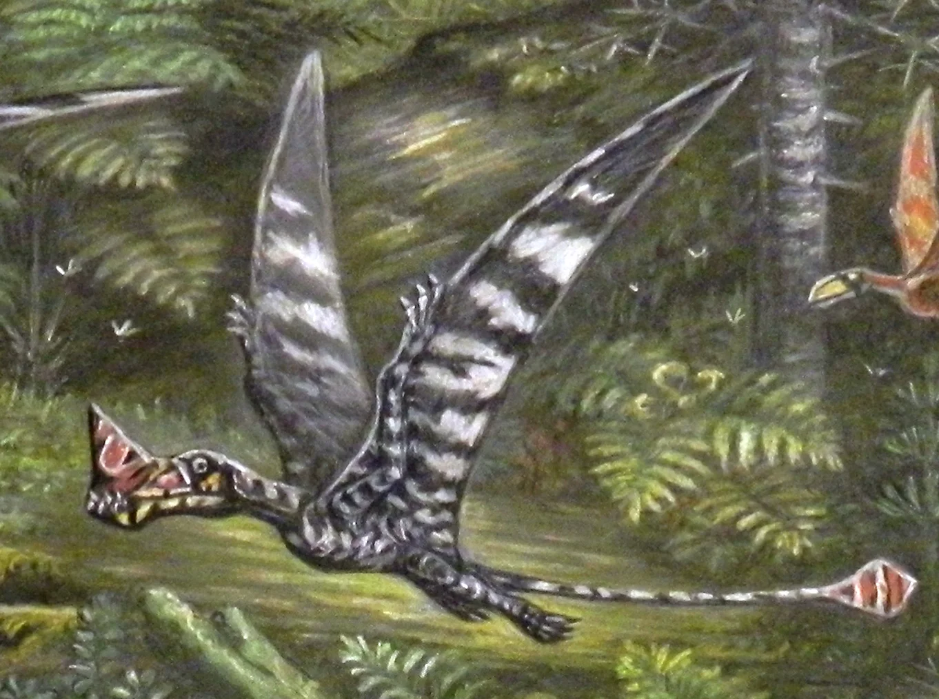 A Raeticodactylus flying between forest tree trunks.