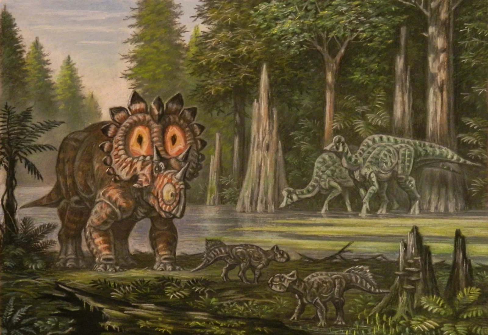 A Regaliceratops with a striking frill in a forest lit by golden light.