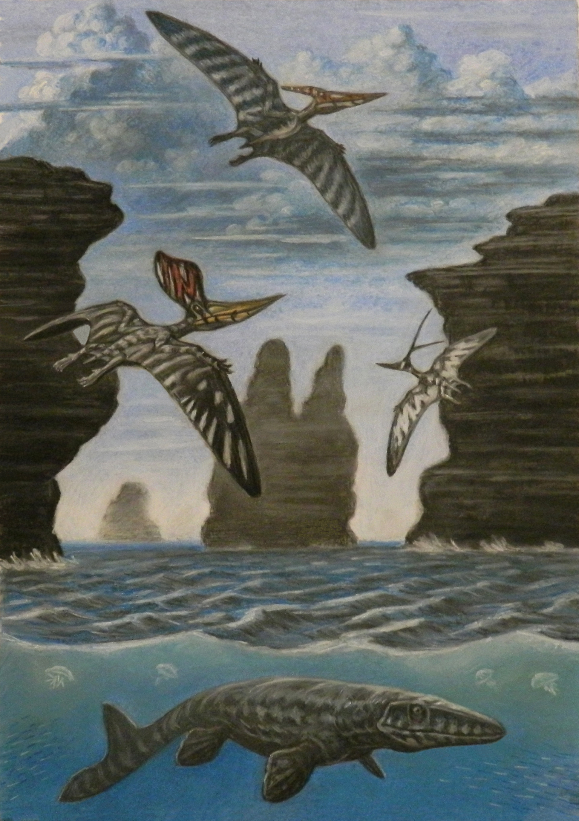 Painting of Pteranodon longiceps flying above a cliff-lined sea, with other pterosaurs and a Tylosaurus underwater.