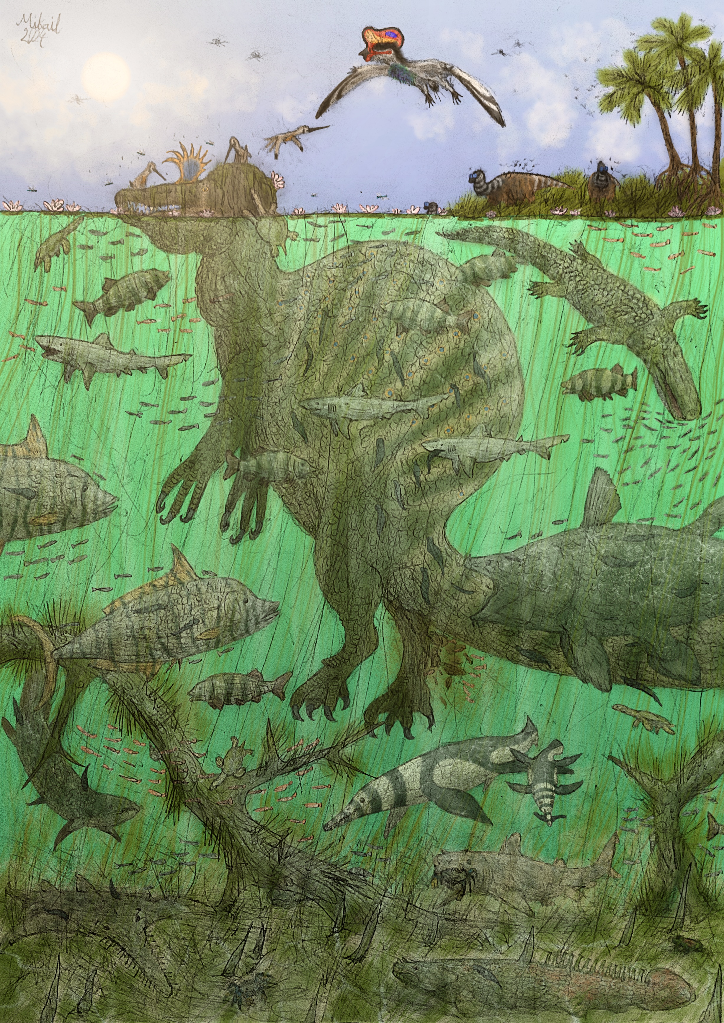 Illustration of a Spinosaurus in a turquoise river filled with fish, its snout above the water.