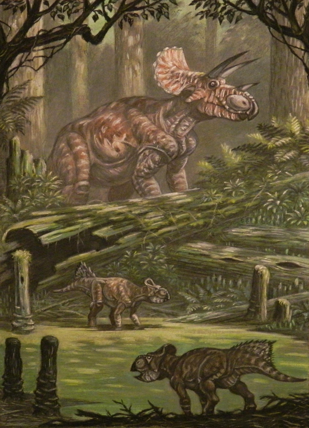 Peinture d’un Triceratops dans une forêt de Hell Creek, avec de petits Leptoceratops au premier plan.
