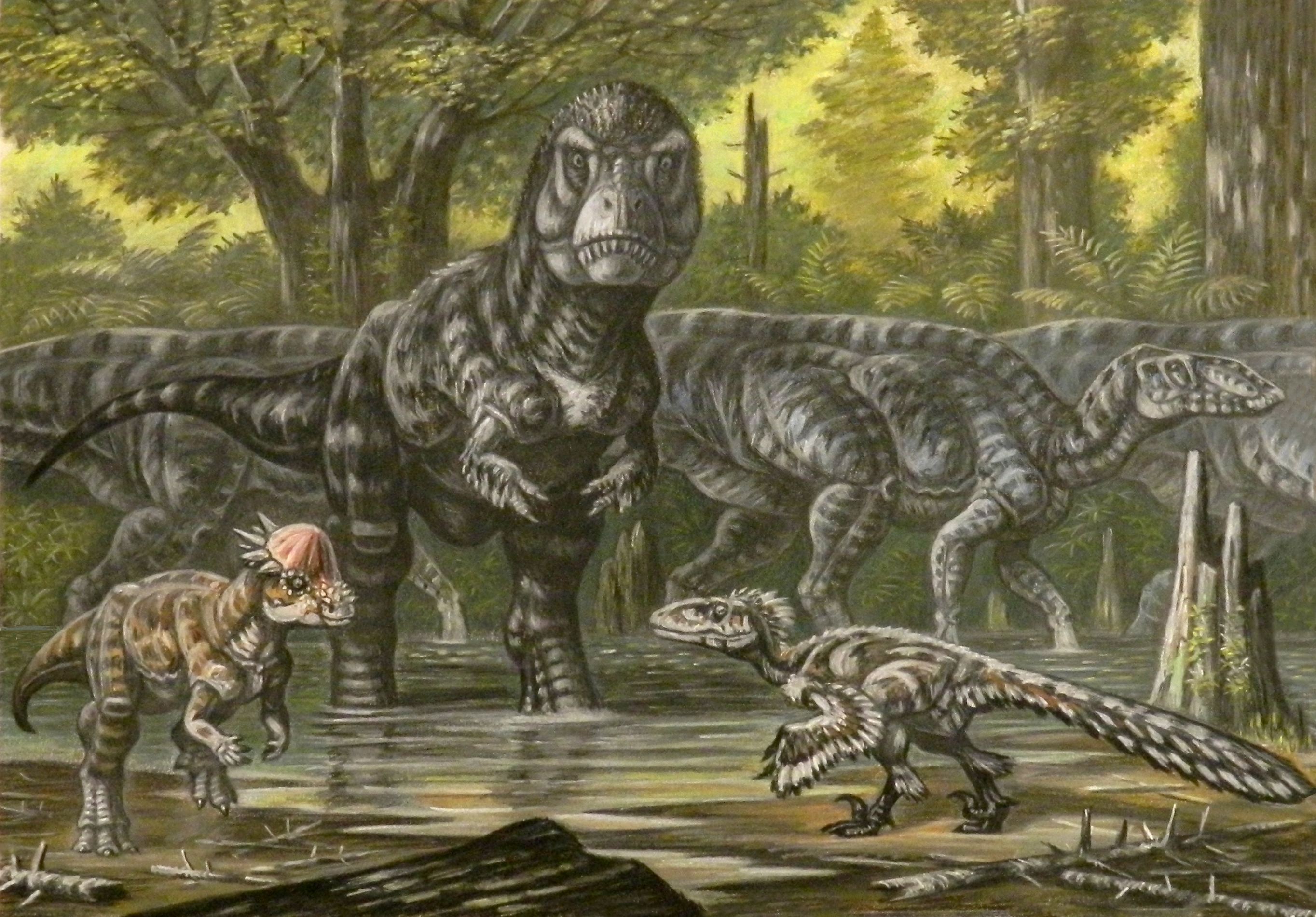 Painting of a Tyrannosaurus facing the viewer in a wet Hell Creek forest, surrounded by other dinosaurs.