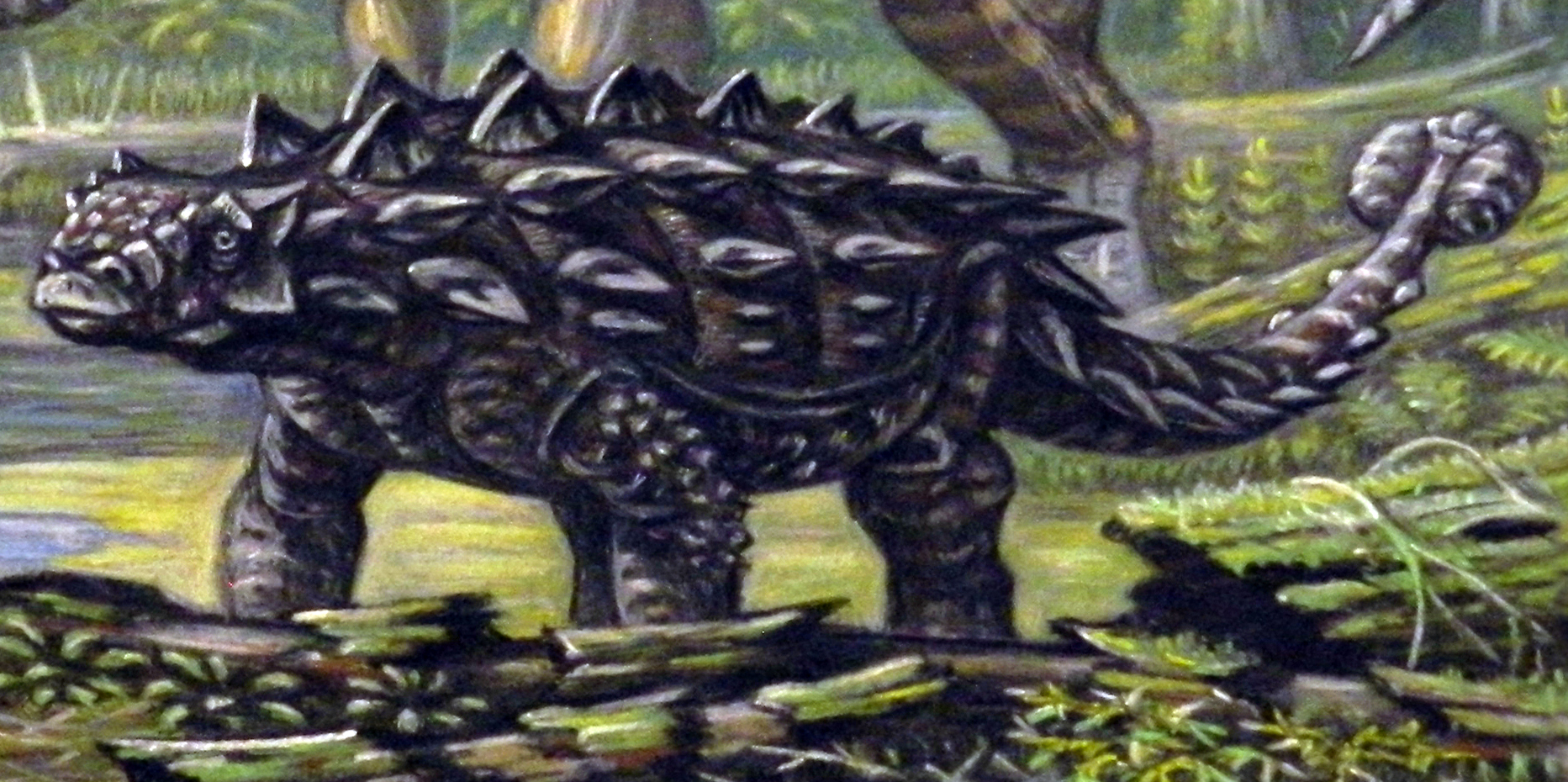 Painting of an armoured Zuul walking through a forest, its clubbed tail raised behind it.